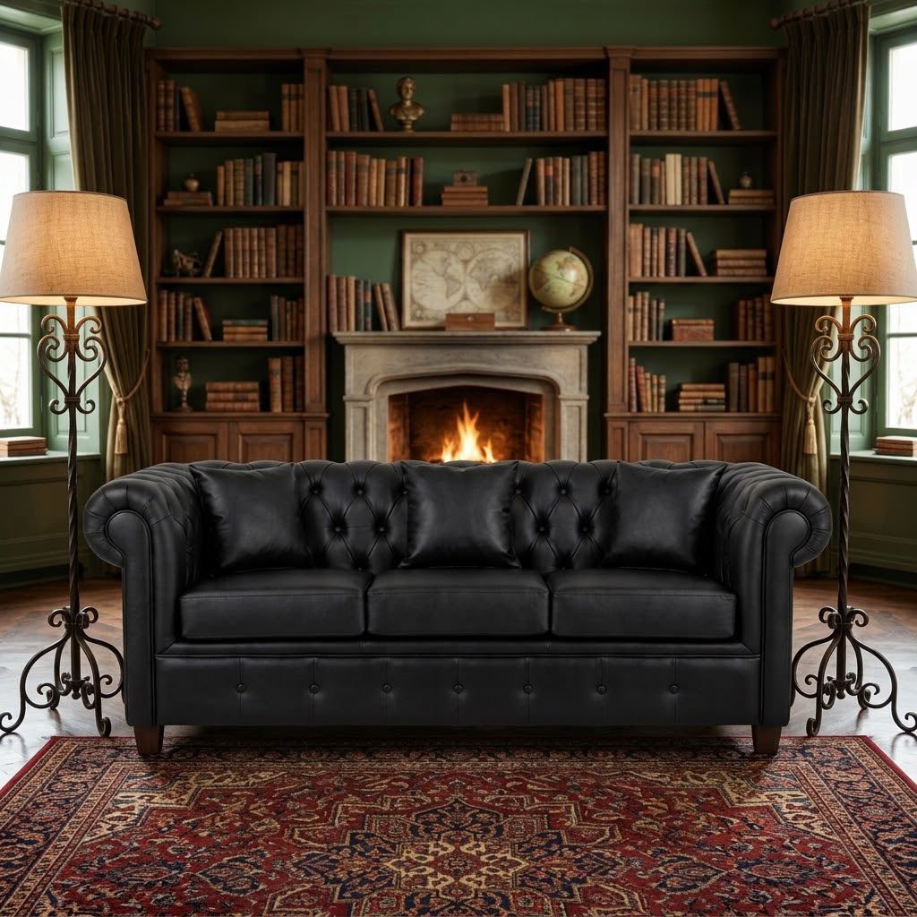 Sofá Capitone negro en un living con biblioteca y chimenea