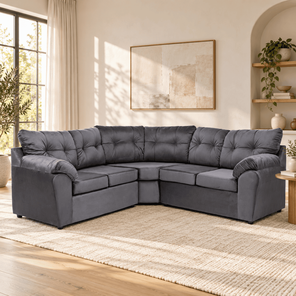 Seccional Toronto gris con brazos acolchados en un living luminoso