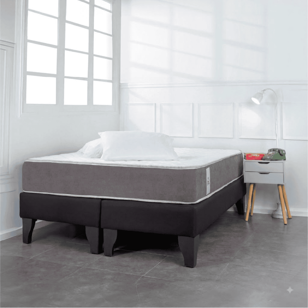 Pack de base de cama dividida negra y colchón Royal de 2 plazas en dormitorio luminoso