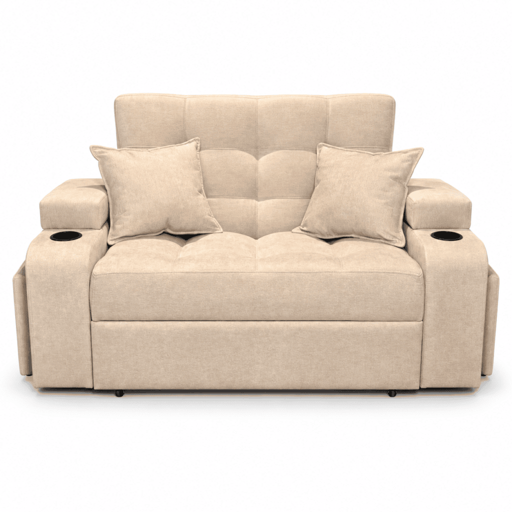 Sofá cama beige con dos cojines y portavasos, vista frontal sobre fondo blanco