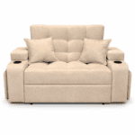 Sofá cama beige con dos cojines y portavasos, vista frontal sobre fondo blanco