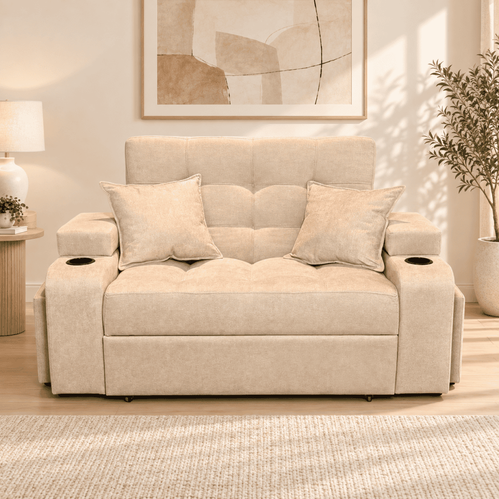 Sofá cama beige con dos cojines y portavasos en un living luminoso