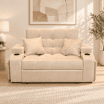 Sofá cama beige con dos cojines y portavasos en un living luminoso