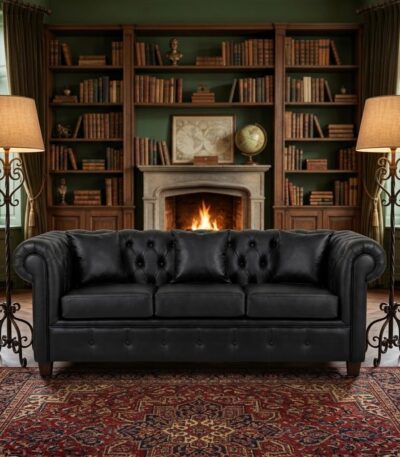 Sofá Capitone negro en un living con biblioteca y chimenea