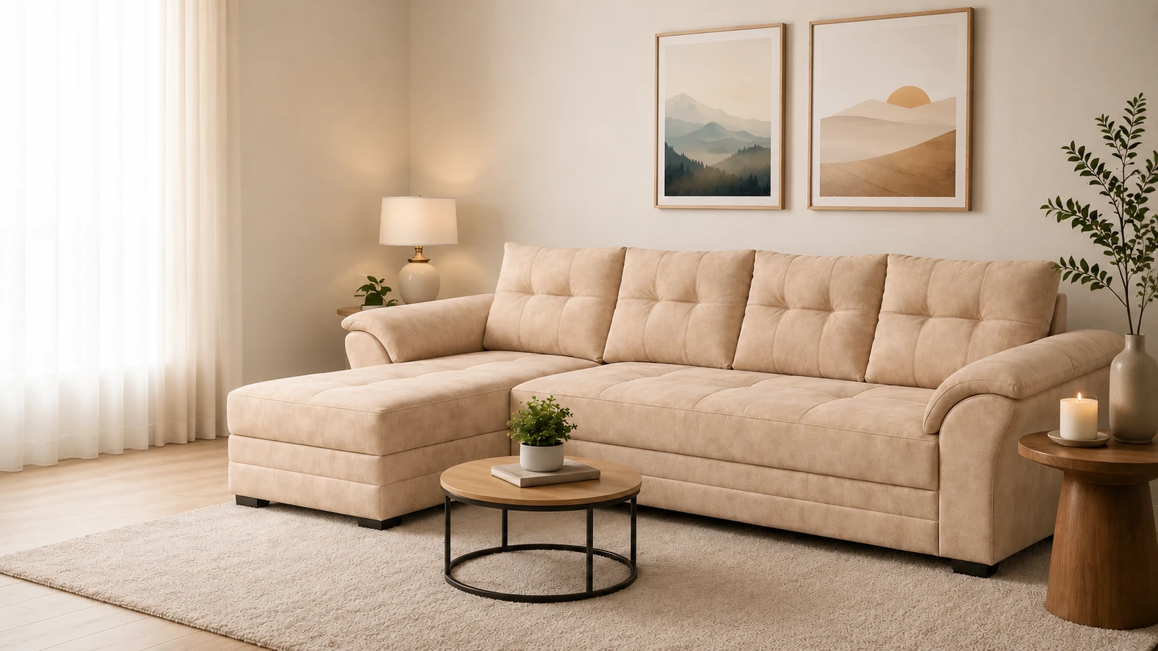 Seccional Mustang beige en un living luminoso de tonos naturales