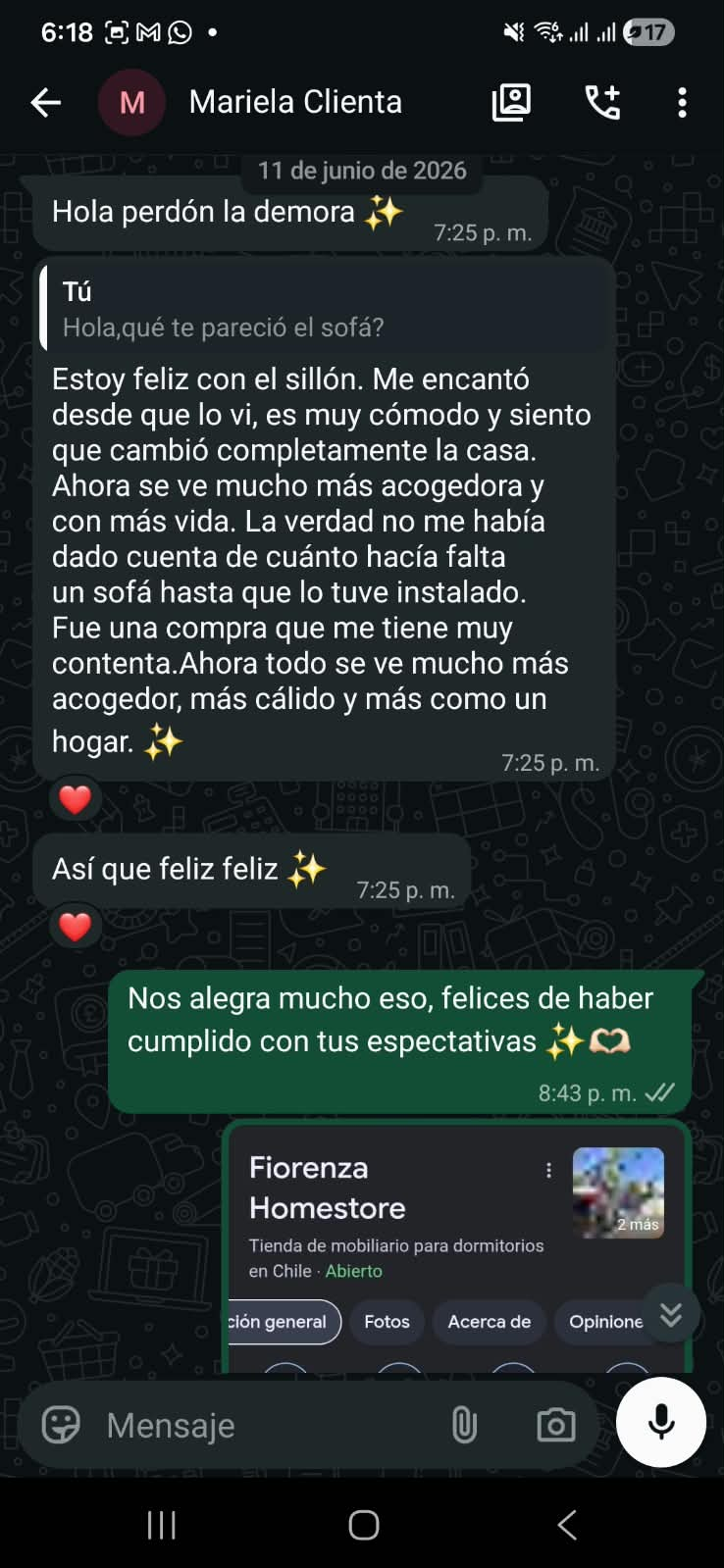 Conversación por WhatsApp de un cliente de Fiorenza, captura completa.