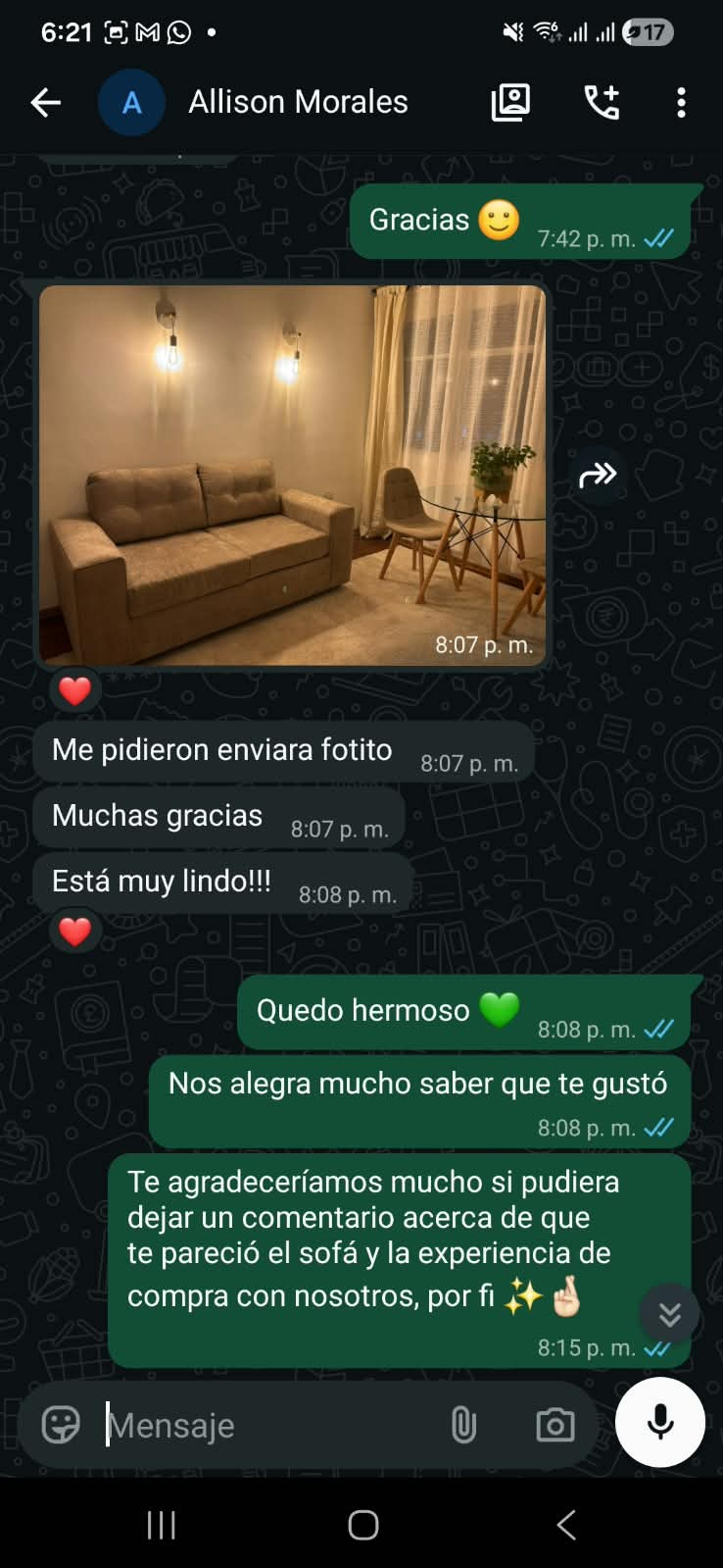 Conversación por WhatsApp de un cliente de Fiorenza, captura completa.