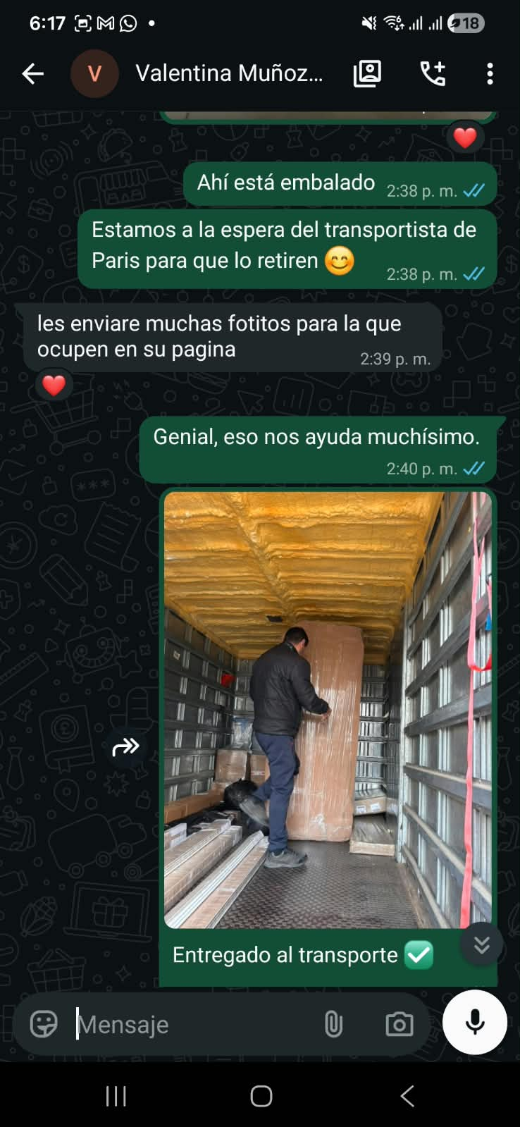 Conversación por WhatsApp de un cliente de Fiorenza, captura completa.