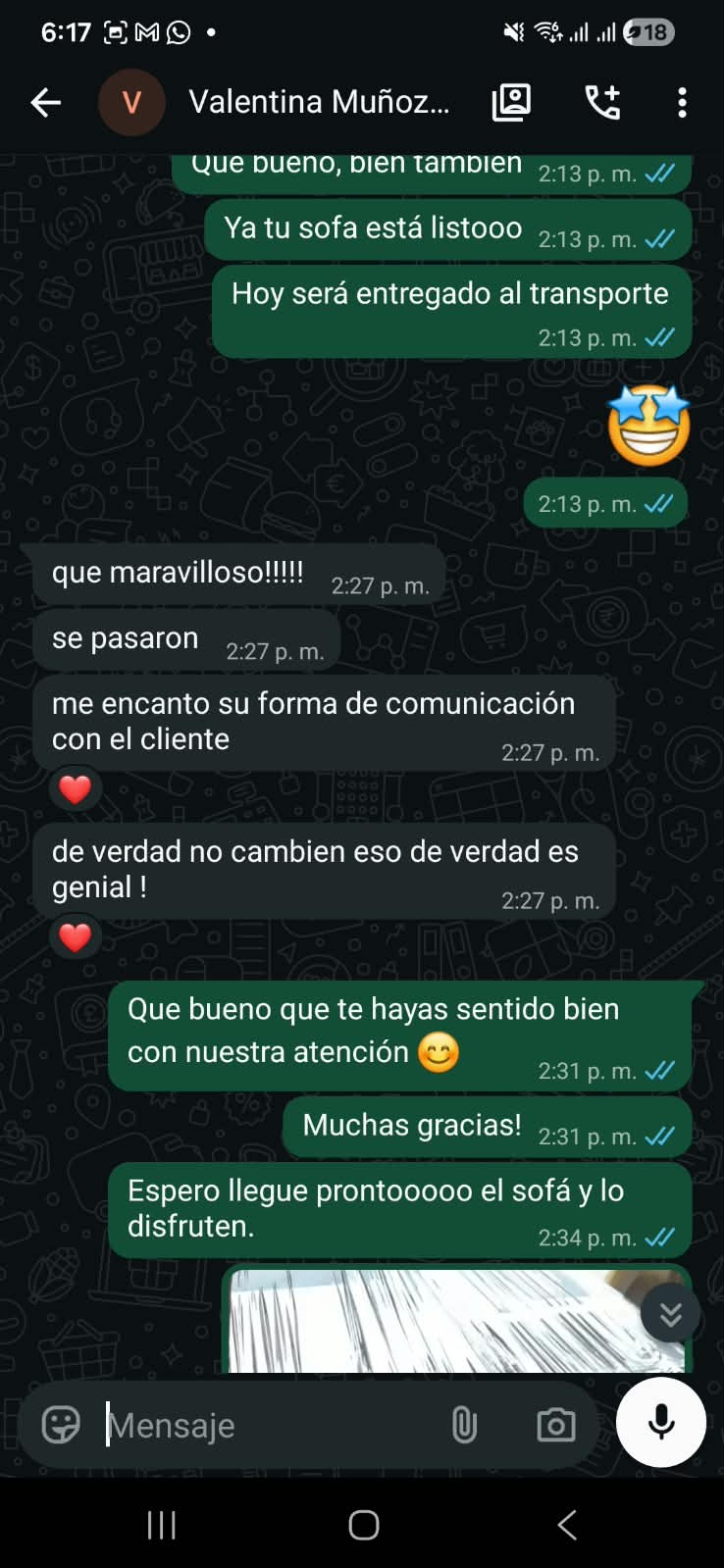Conversación por WhatsApp de un cliente de Fiorenza, captura completa.