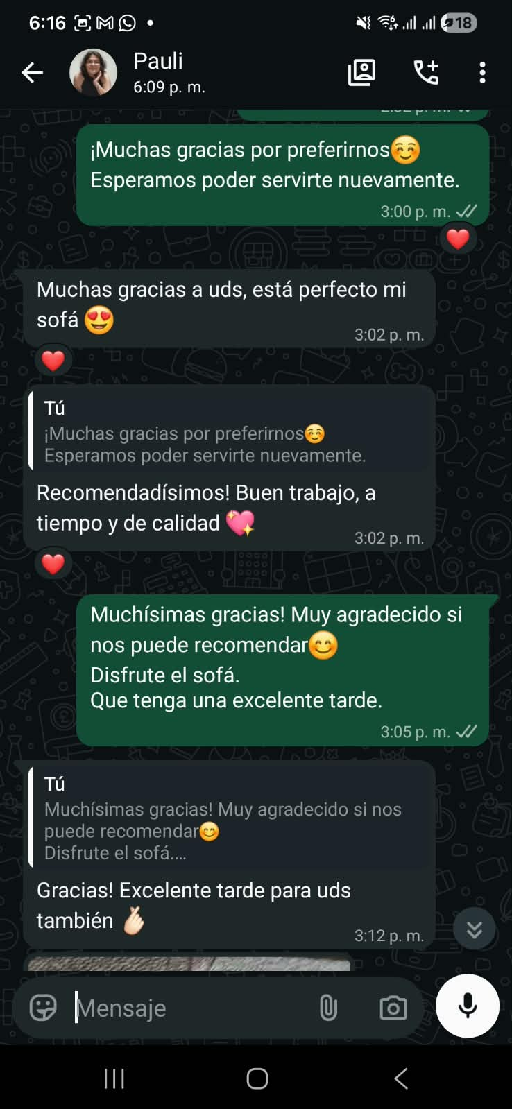 Conversación por WhatsApp de un cliente de Fiorenza, captura completa.