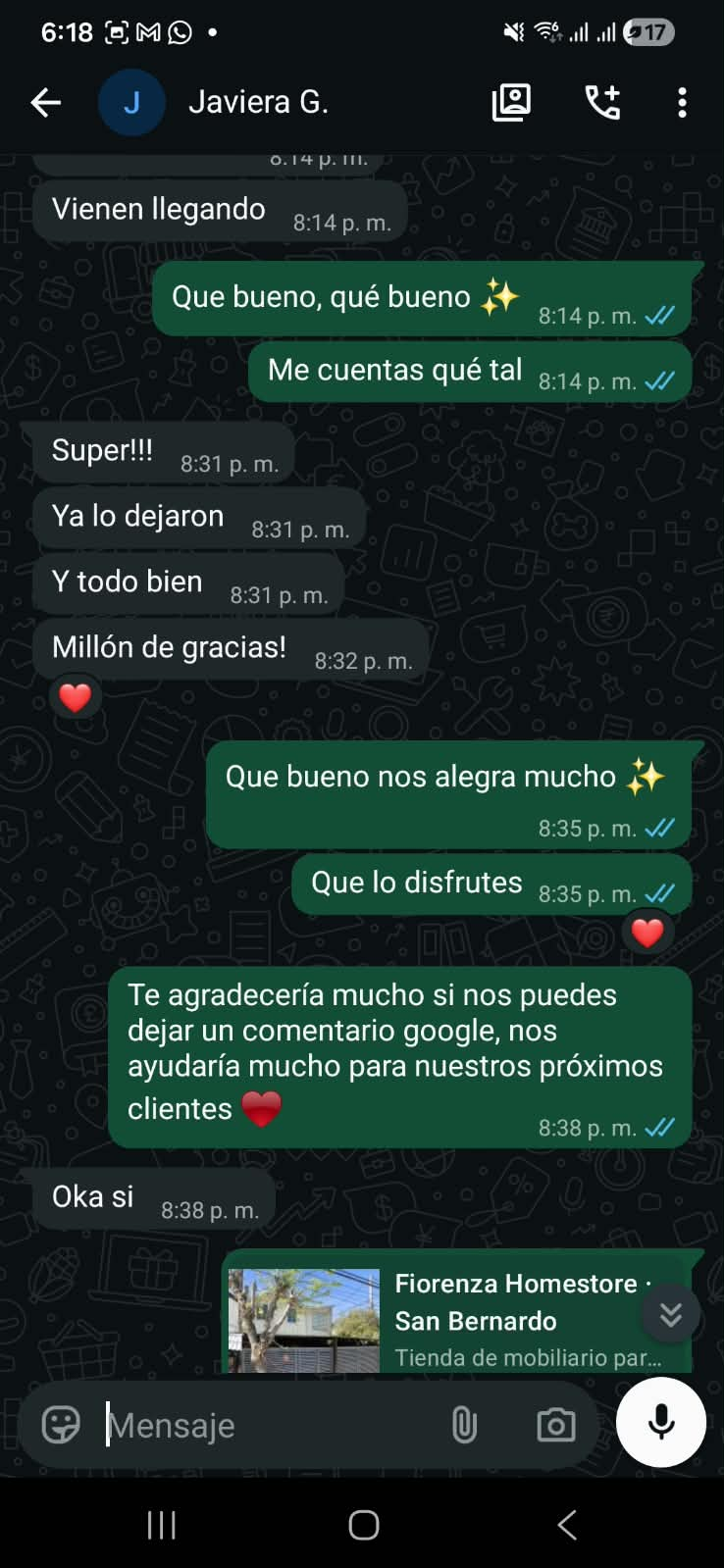 Conversación por WhatsApp de un cliente de Fiorenza, captura completa.