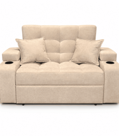Sofá cama beige con dos cojines y portavasos, vista frontal sobre fondo blanco
